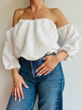 Free People Romantic White Off Shoulder Long Sleeve Peasant Boho Crop Top
